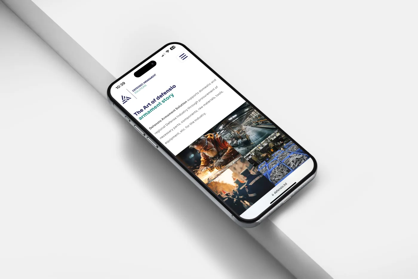 Defensio Armament brand identity applied to a mobile website mockup