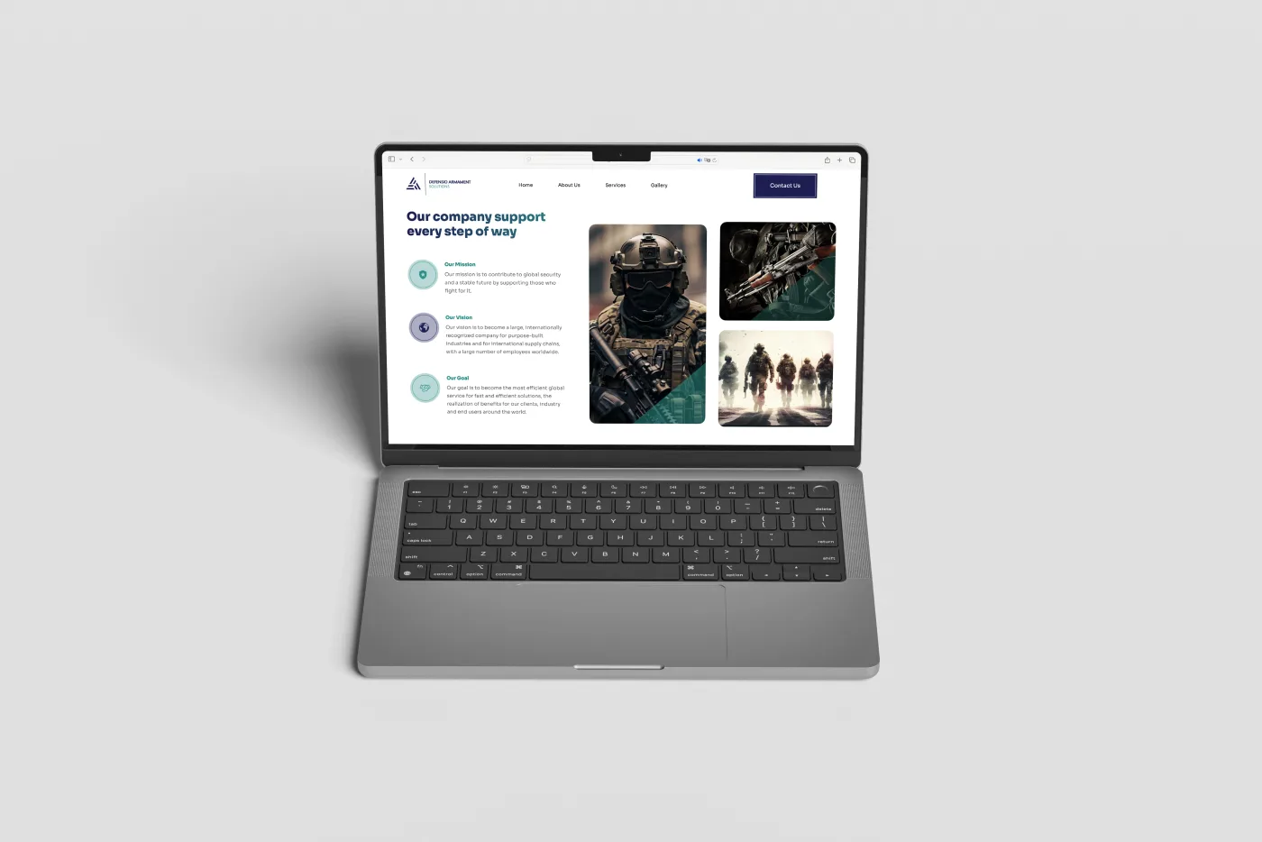 Defensio Armament brand identity applied to a website mockup