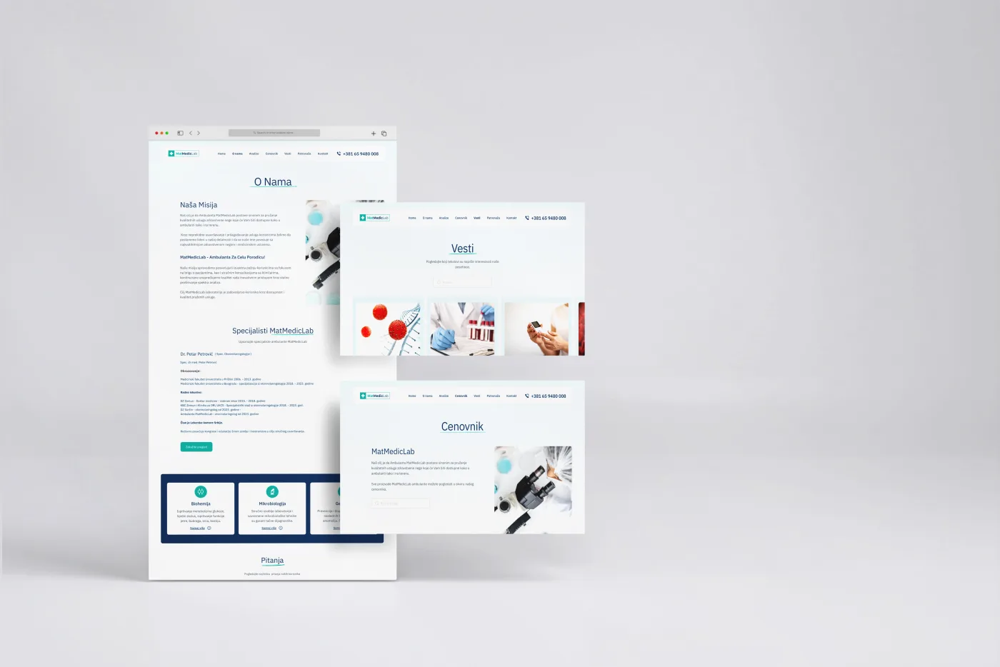 MatMedicLab website shown across three browser windows - about, news, and pricing pages