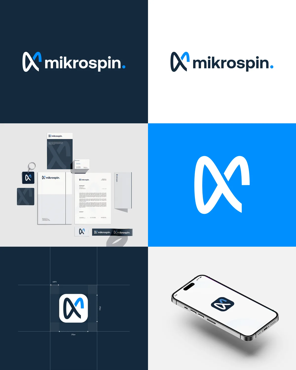 Mikrospin brand identity board - logo, stationery and app icon
