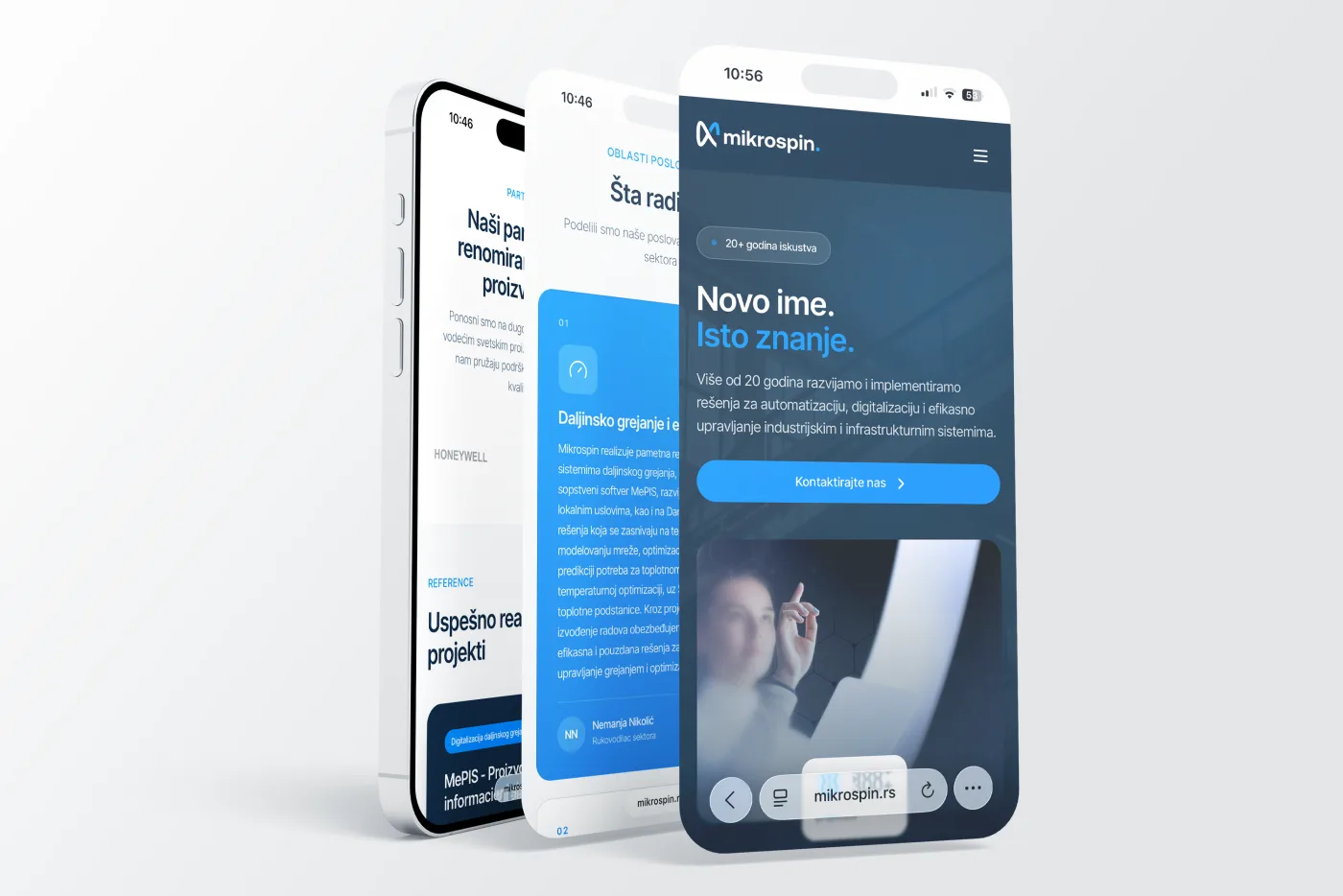Mikrospin website shown on three phone screens - homepage, solutions and partners