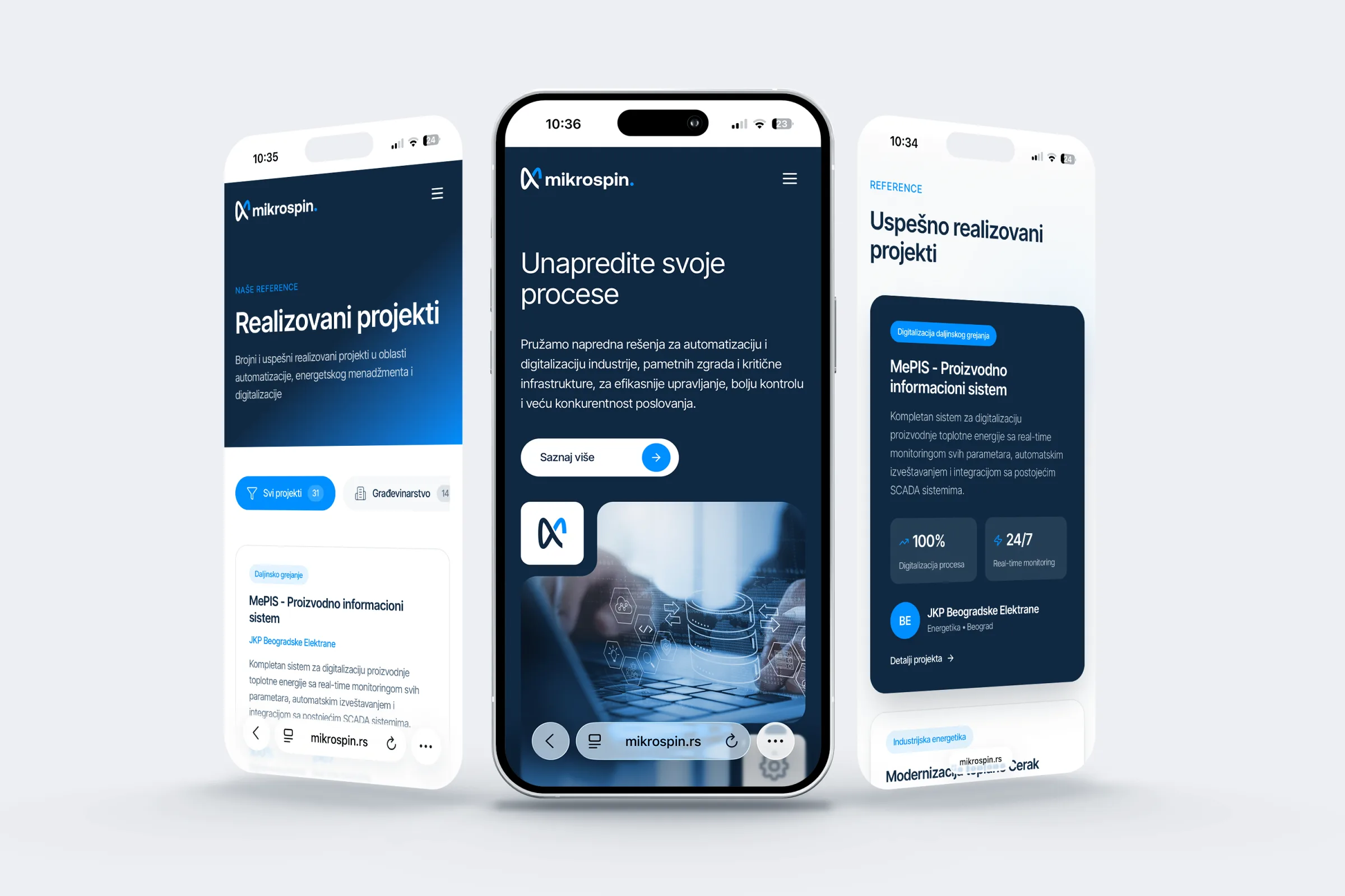 Mikrospin website shown on three phone screens - projects index, services and project detail