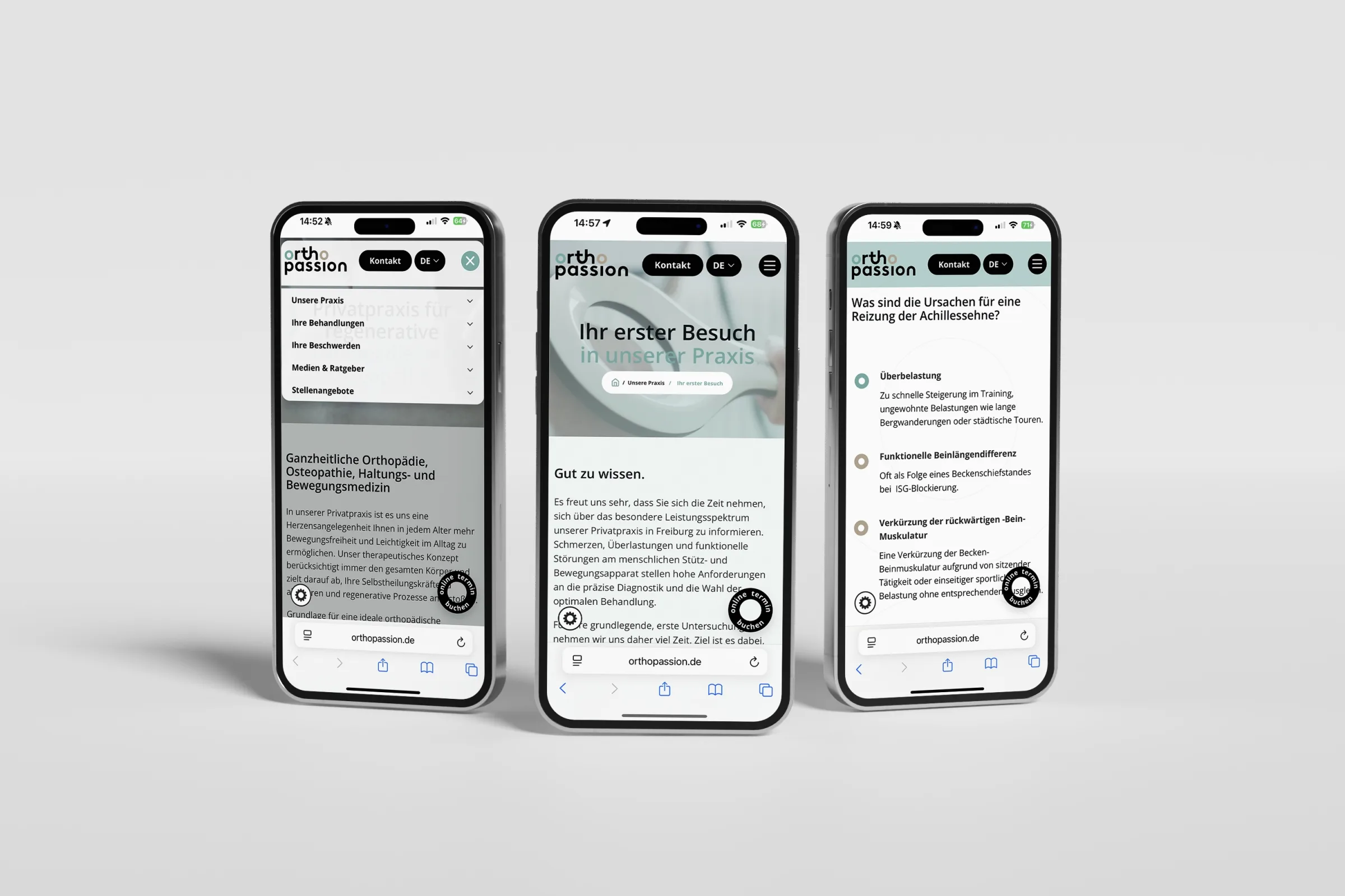 Orthopassion website shown across three mobile phone screens