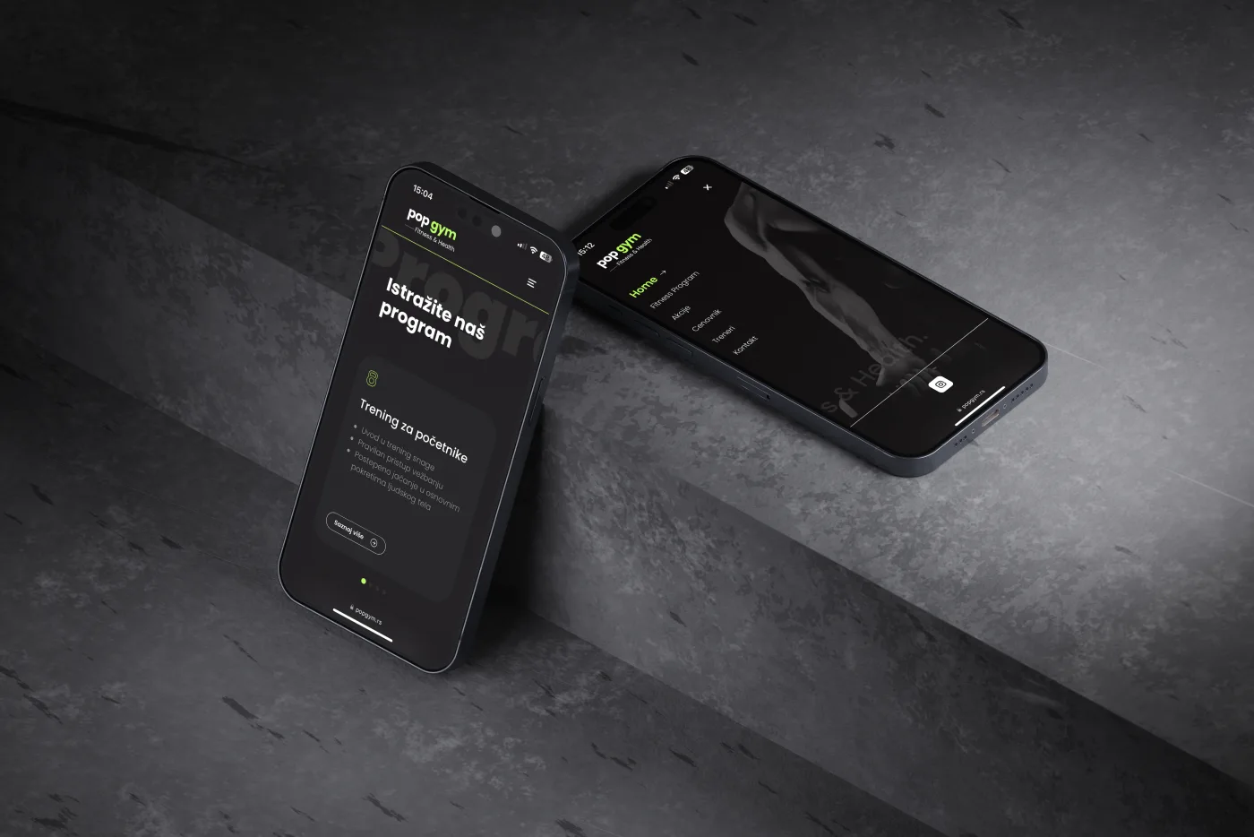 Pop Gym homepage and navigation shown on two phone screens