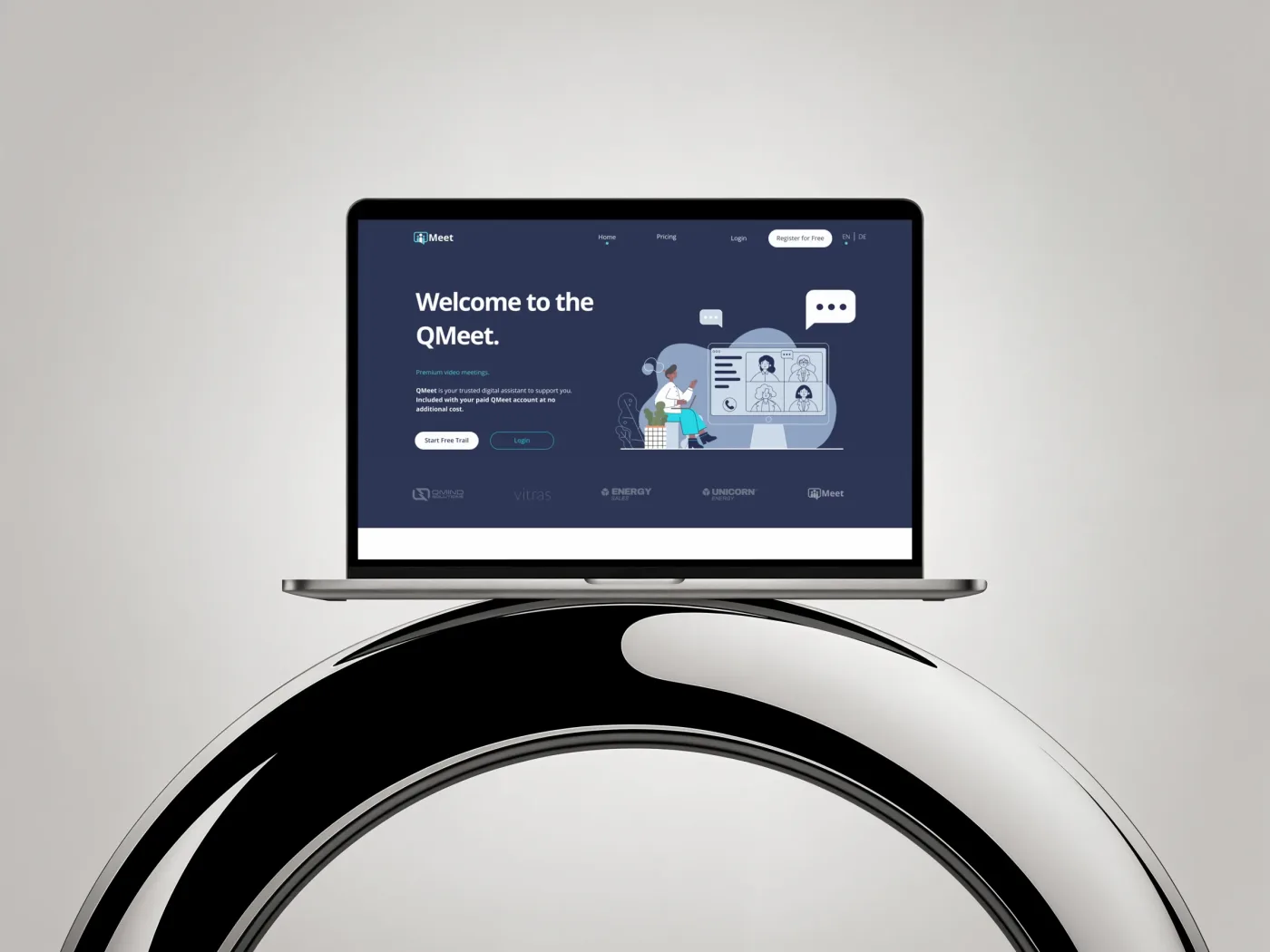 QMeet marketing website homepage, desktop screens