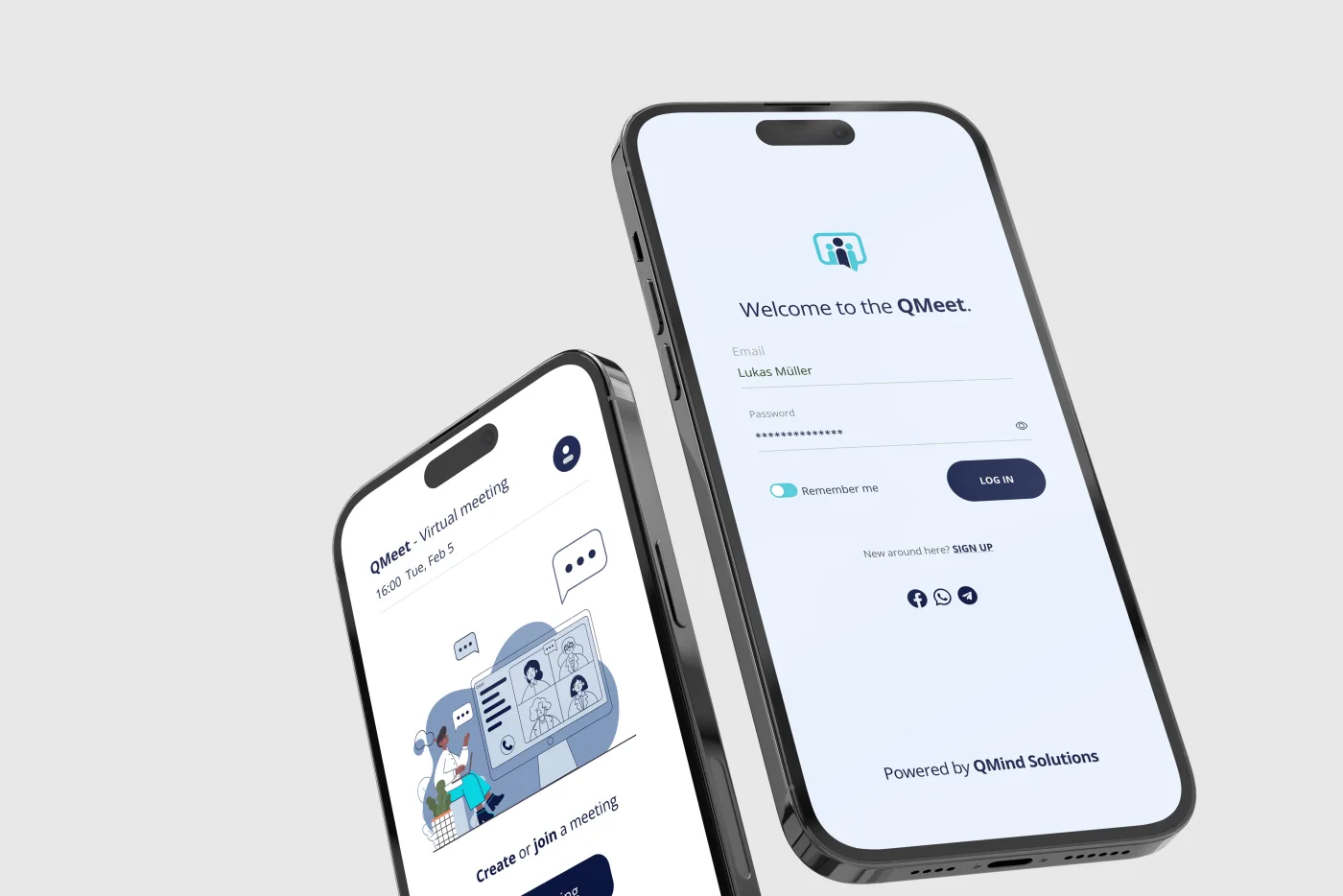 QMeet product interface, meeting scheduler and login screens on mobile