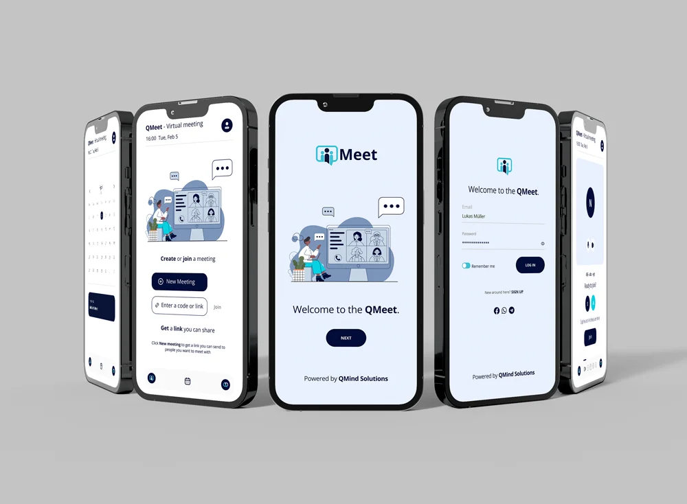 QMeet app shown across five mobile screens - calendar, meeting, and login flows