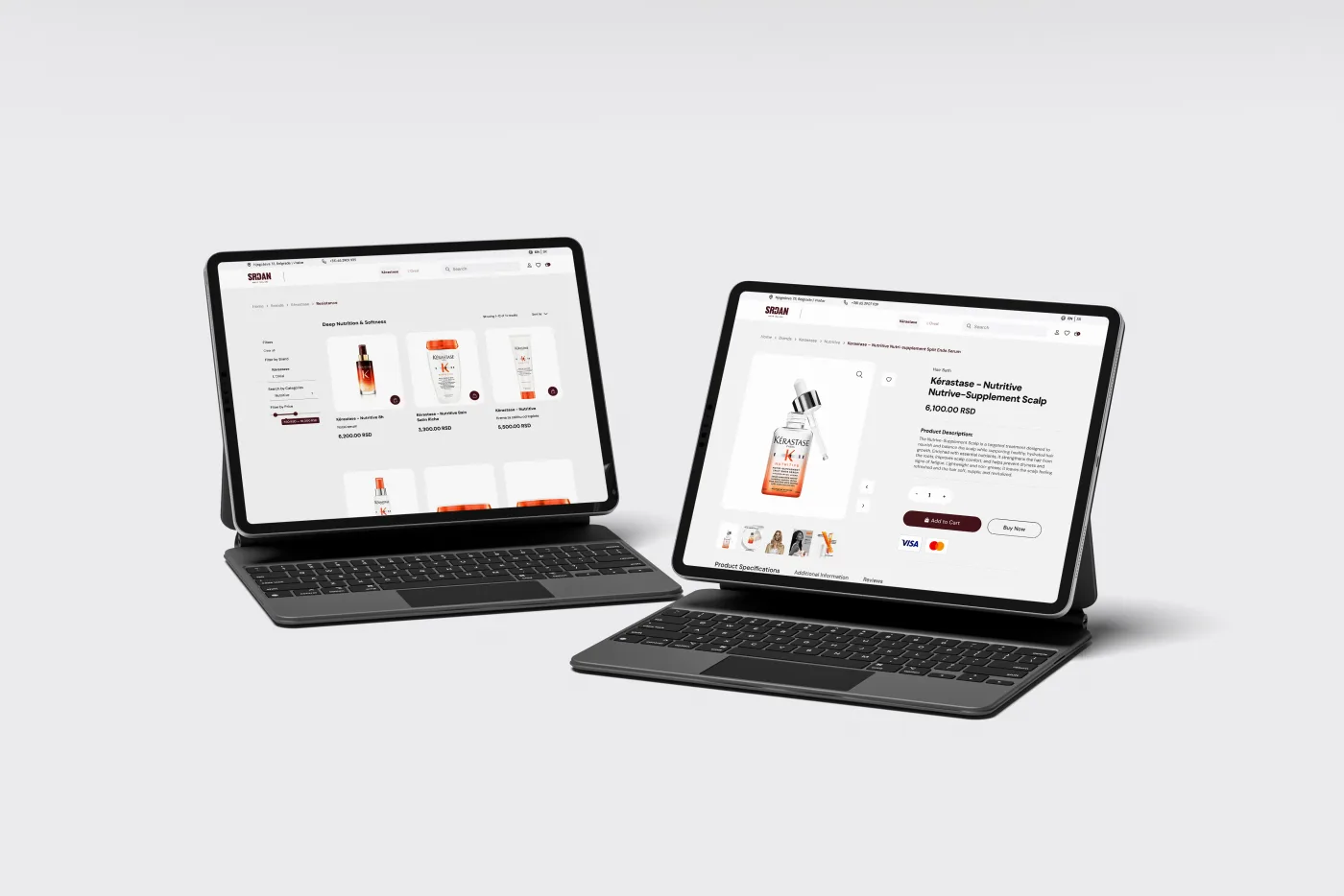 Srđan Hair e-commerce shop - product listing and product detail on tablet