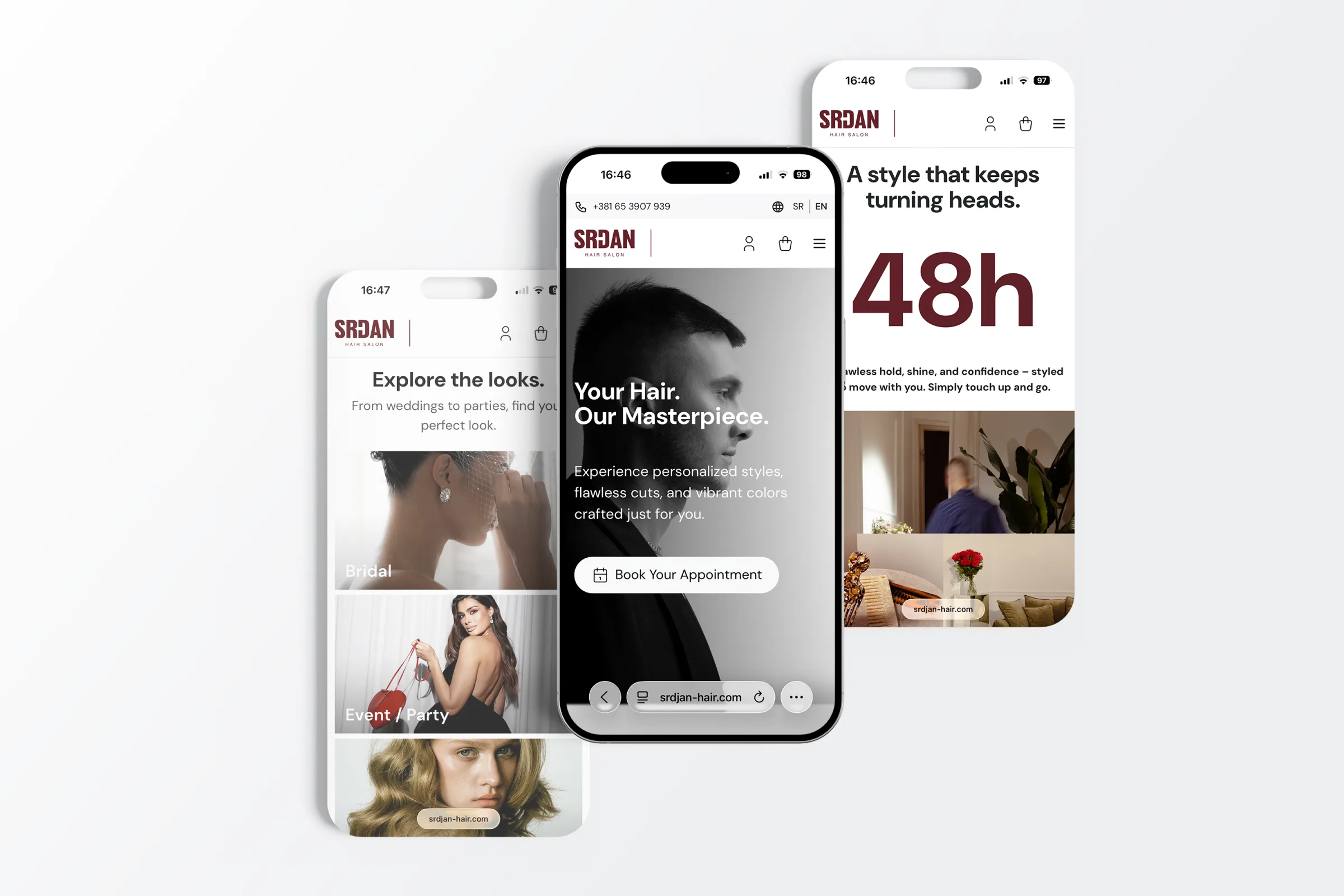 Srđan Hair website shown on three phone screens - hero, gallery and product page