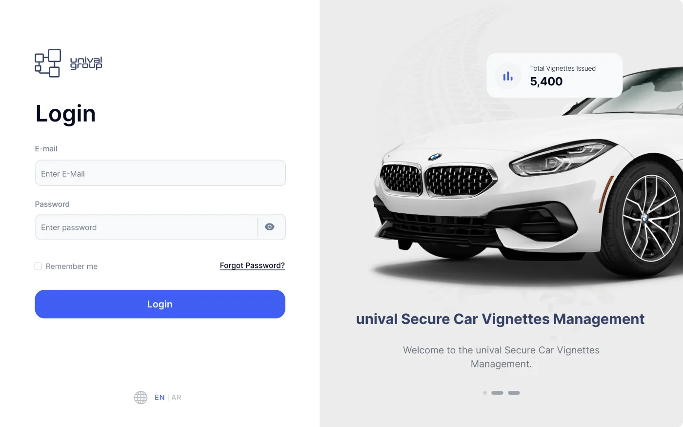 Unival vehicle registration platform, secure login screen