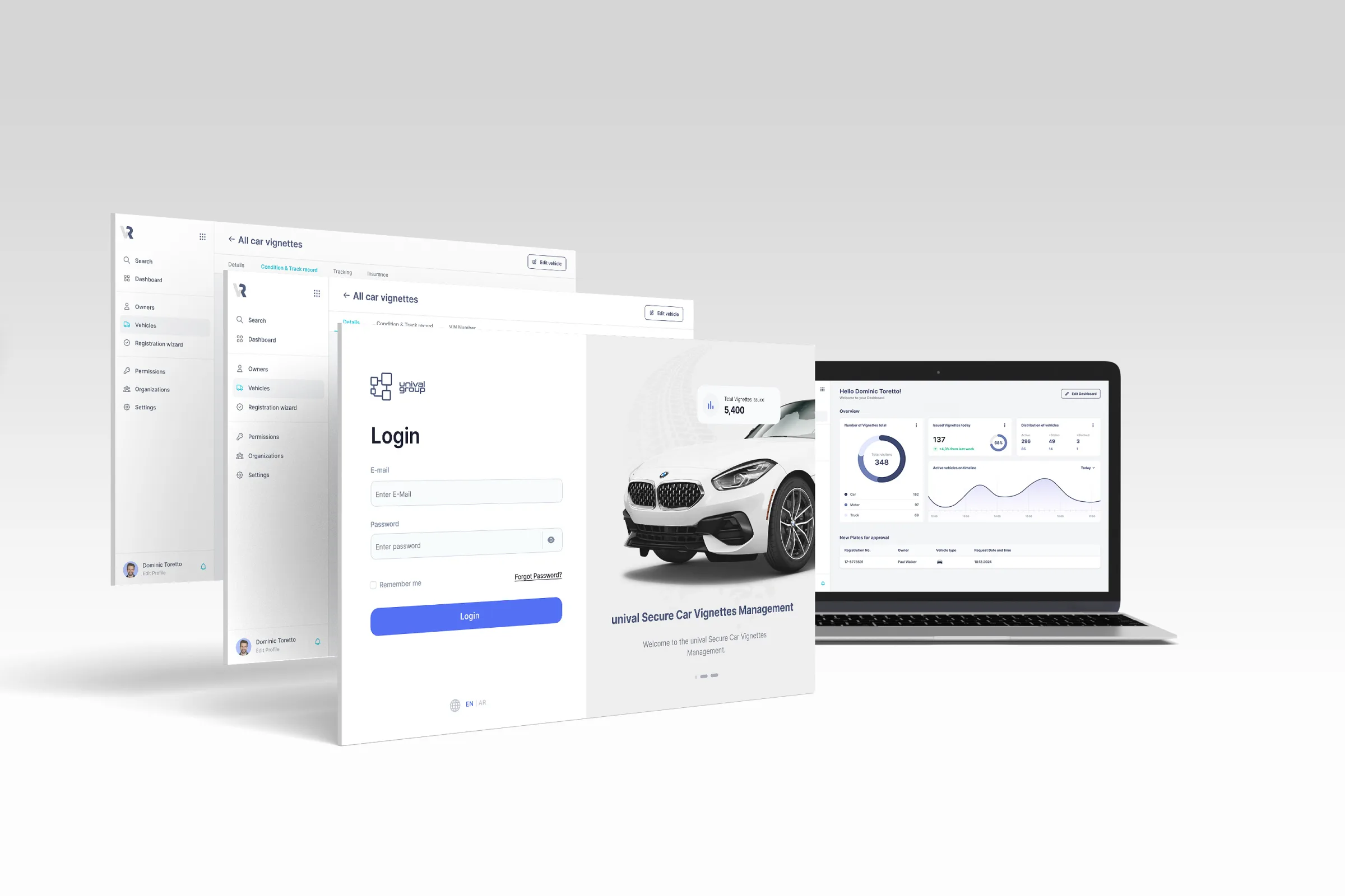 Unival vehicle registration application shown across login, dashboard, and registration screens